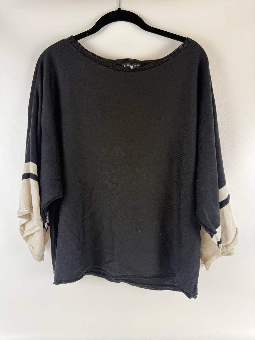 Eileen Fisher Tencel Silk Dolman Knit Sweater Black Colorblock Varsity Stripe L